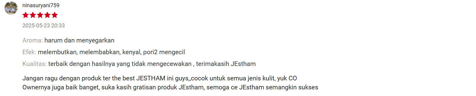 Source : Honest Review Custommer Shopee/Jestham Official Store
