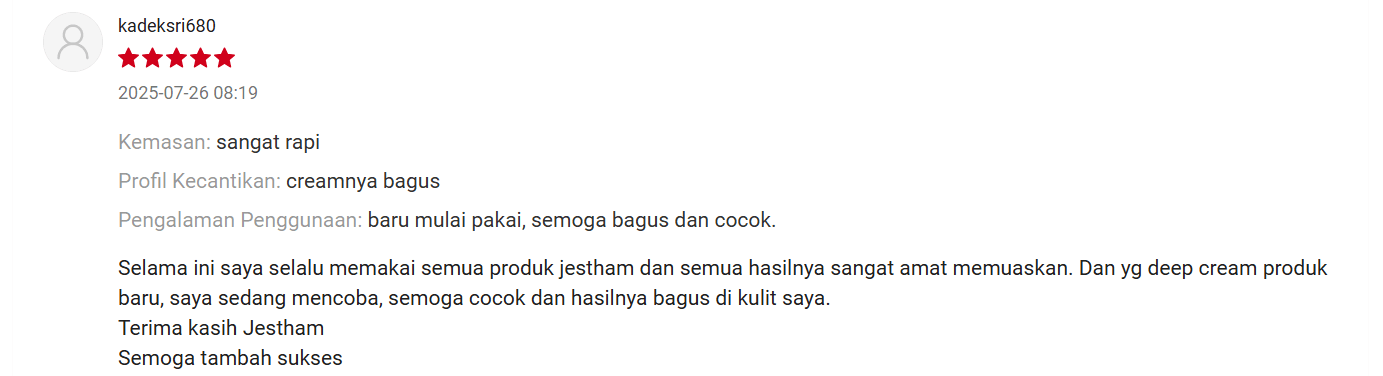 Source : Honest Review Customer Shopee/Jestham Official Store
