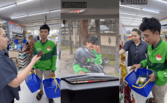 Dari lesu di pinggir jalan hingga senyum bahagia di minimarket, perjalanan abang ojol saat menerima kejutan belanja dari Jestham.