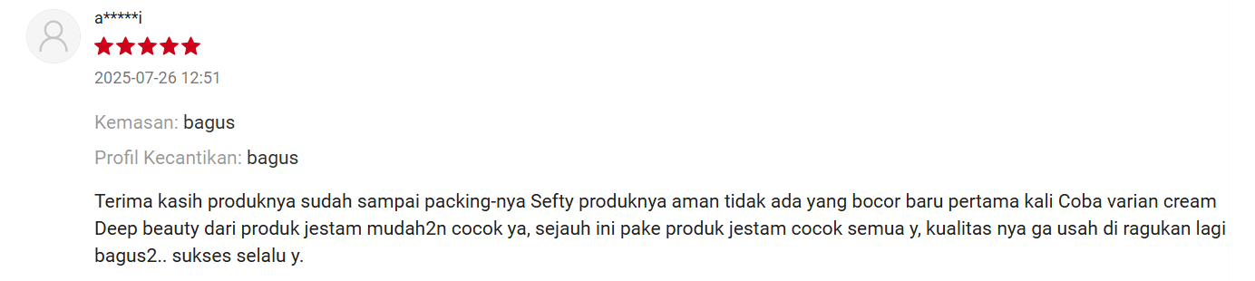 Source : Honest Review Customer Shopee/Jestham Official Store