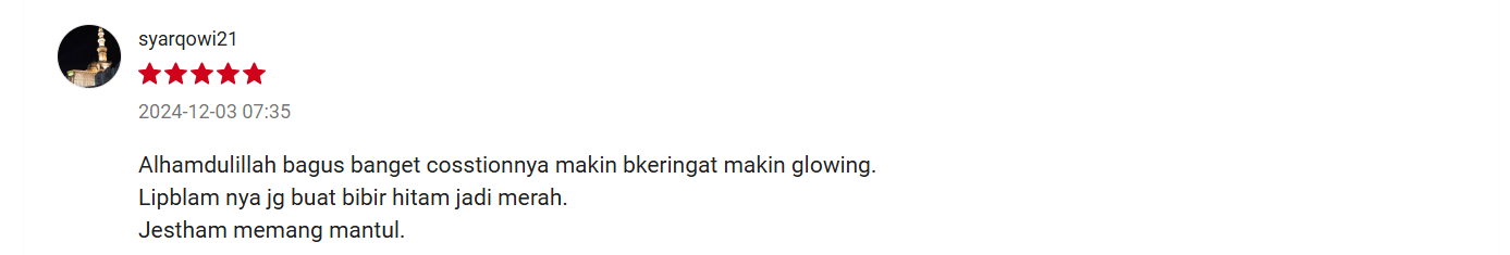  Source : Honest Review Customer Shopee/Jestham Official Store